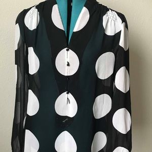 ECI NY sheer black w/ white dots blouse buttons 8